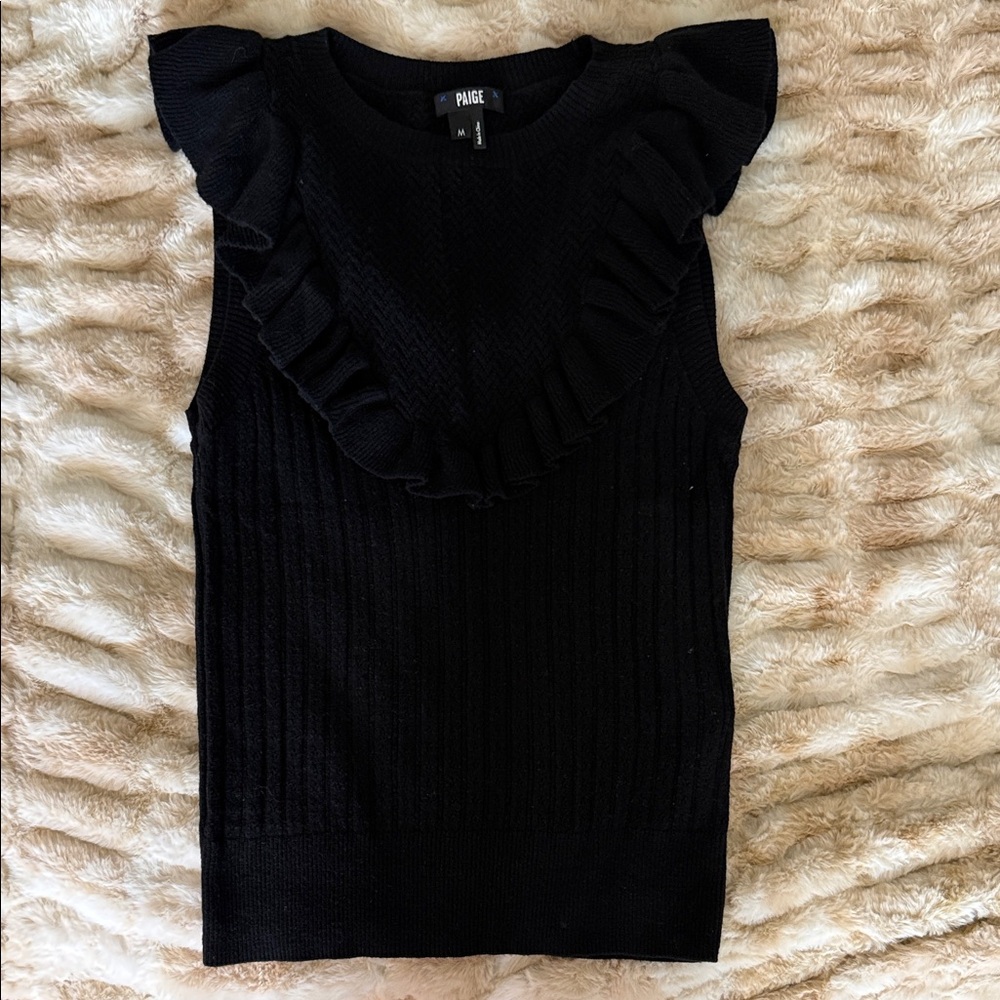PAIGE Black Ruffle Ribbed Knit Tank